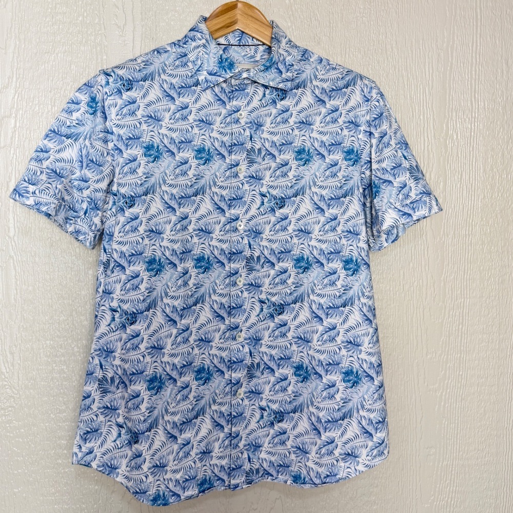 Bugatchi Mens Mauna Lani Golf Blue Tropical Palm Short Sleeve Shirt Medium